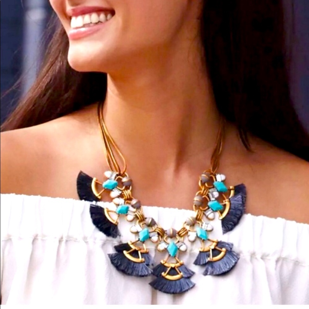 Stella & Dot | Vintage Gold, Turquoise + Black Lotus Tassel Statement Ne⦠- Picture 2 of 10